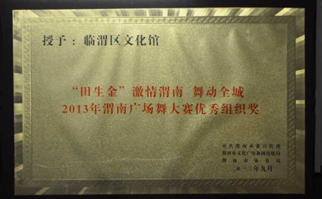 2013年荣获“田生金”激情渭南舞动全城2013年渭南广场舞大赛优秀组织奖